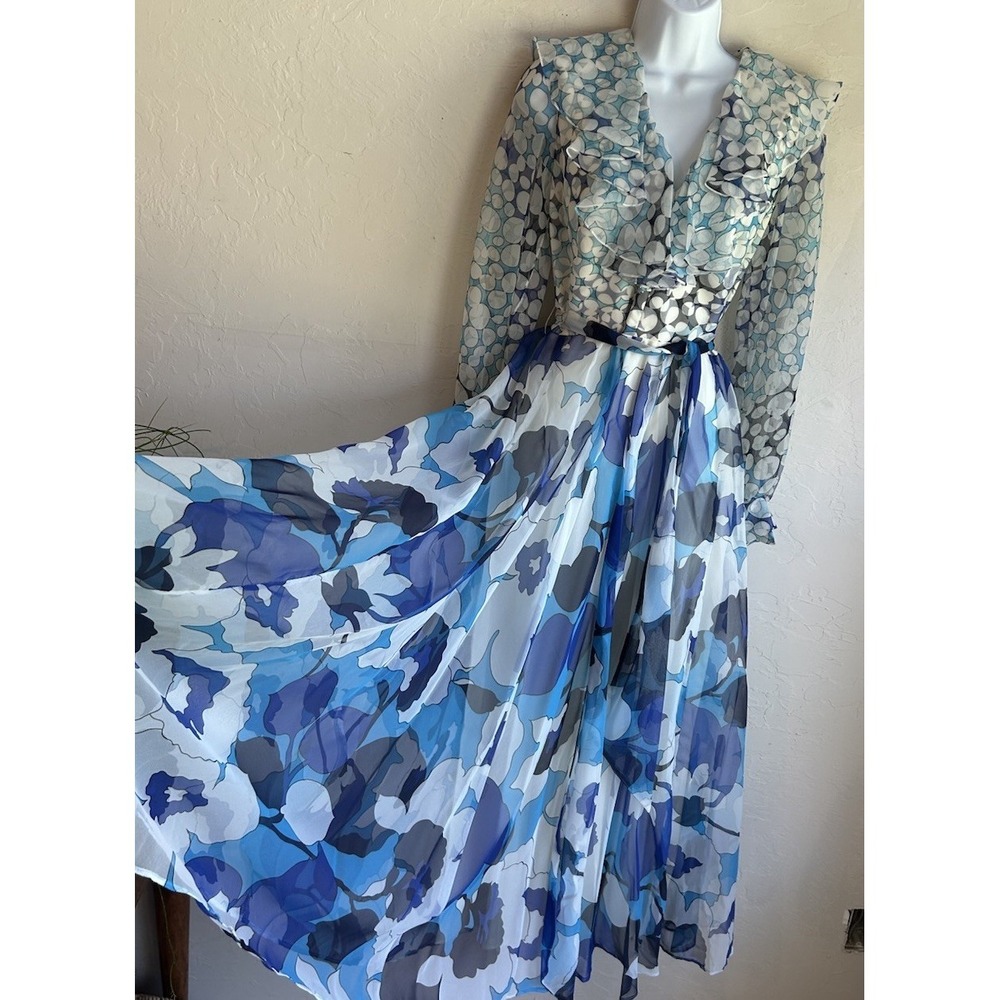 Vintage 1970s Romantic Chiffon Maxi Dress S M Ethereal Blue Floral Ruffle Sheer